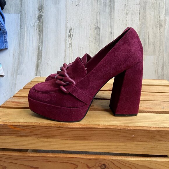 Open Edit Size 6 Lainey Platform Loafer Pumps Chunky Heels Faux Suede Maroon - Picture 4 of 8